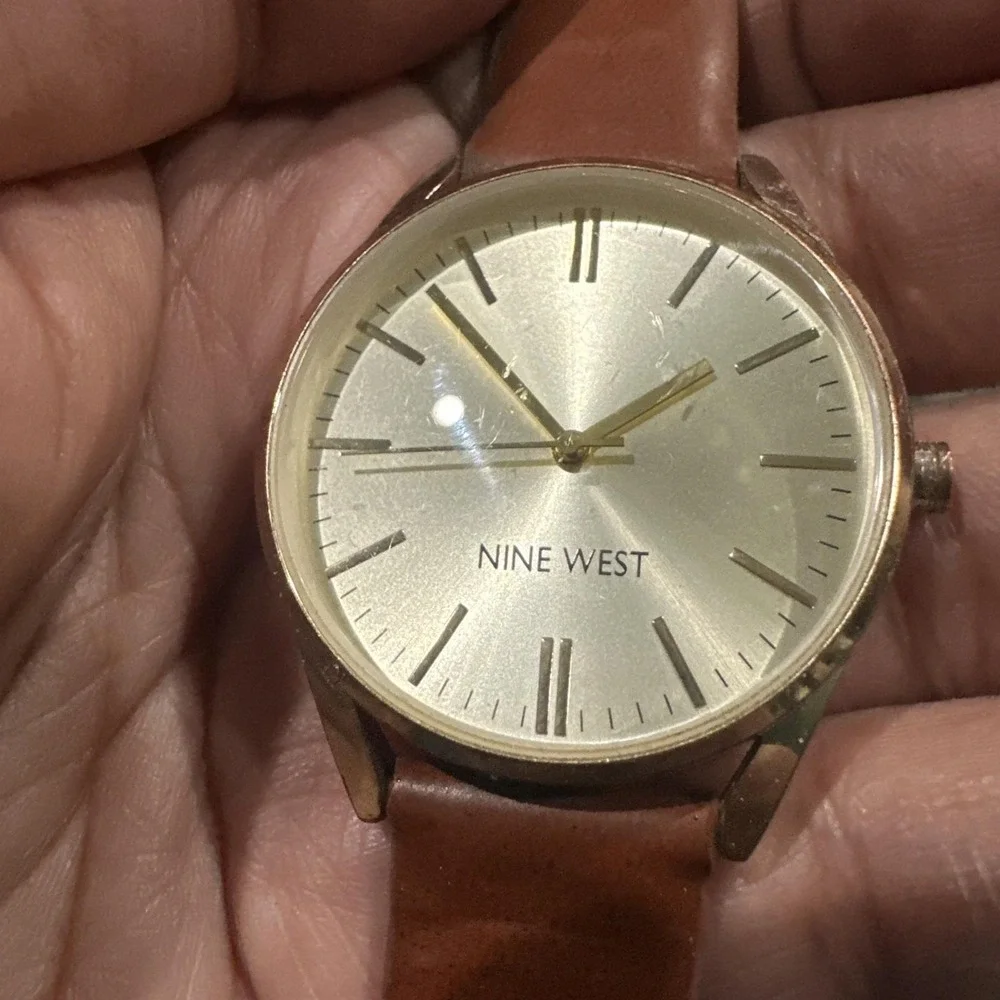 Working Nine West‎ Unisex Watch Gold Tone 36mm Fit 7.5 Brown Leather New Battery